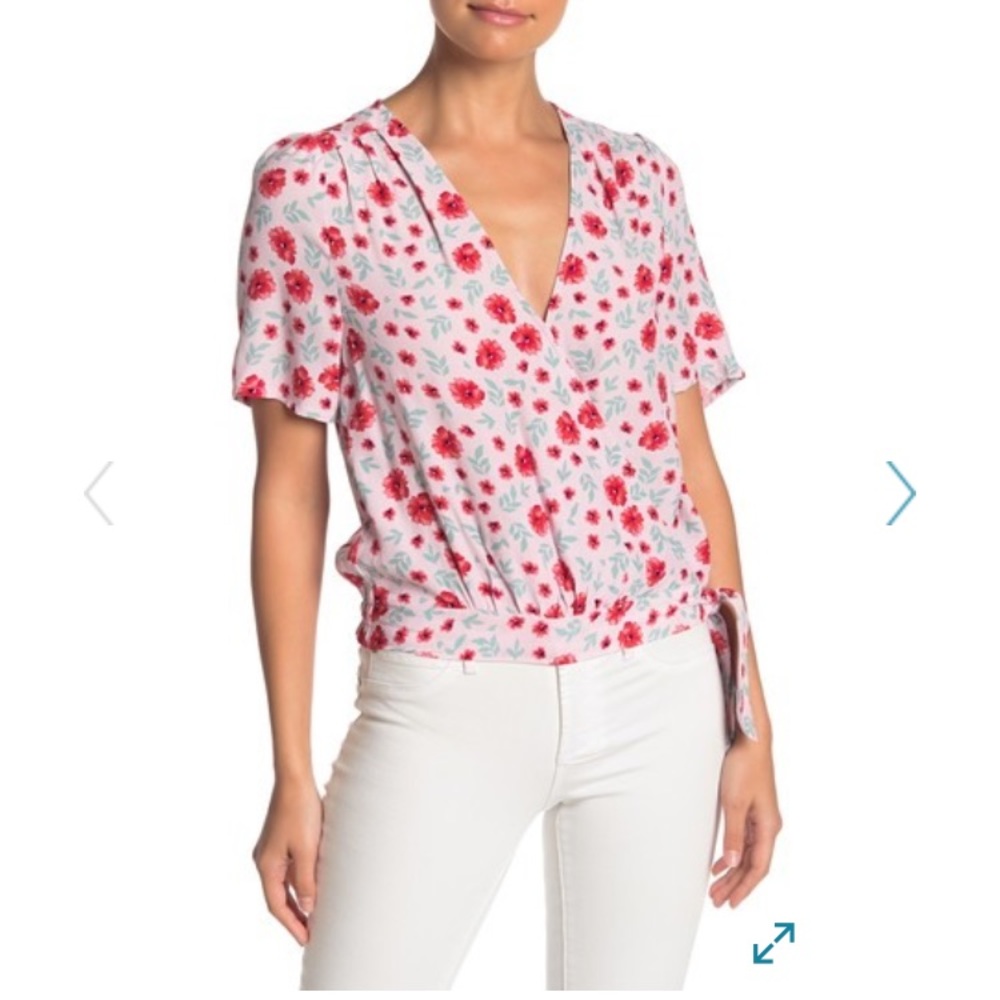 Floral Faux Wrap Tie Blouse